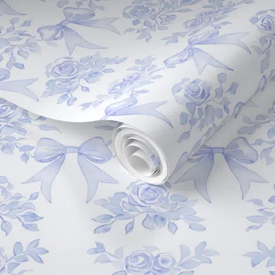 Spoonflower Pre-pasted Wallpaper Light Purple Bows Roses Retro Floral French Country Coquette Preppy 2' X 12' Re