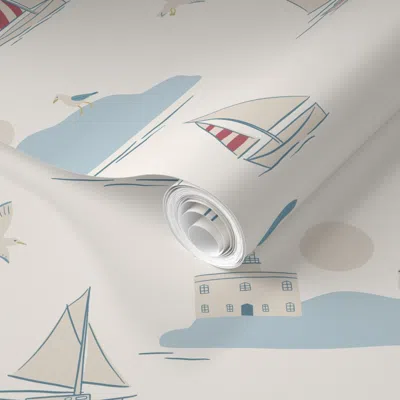 Spoonflower Pre-pasted Wallpaper Lighthouse Toile - Nautical Sailboat Scene For Coastal Interiors - Soft Red 2' 