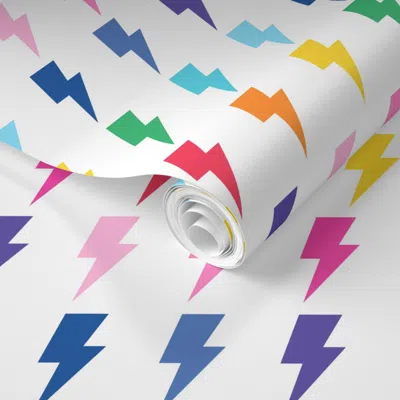Spoonflower Pre-pasted Wallpaper Lightning Bolts Rainbow On White Kids Jumbo Brights  Removable In Multi