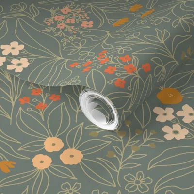 Spoonflower Pre-pasted Wallpaper Line Floral - Turquoise Background  Removable In Green