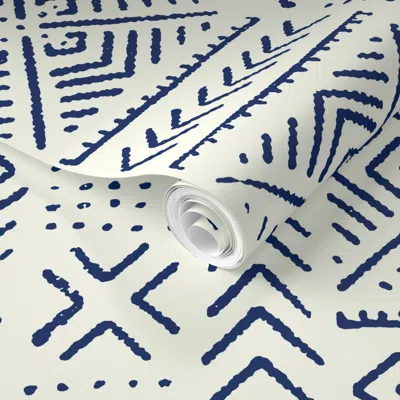 Spoonflower Pre-pasted Wallpaper Line Mud Cloth // Navy & Ivory // Large 2' X 12' Removable