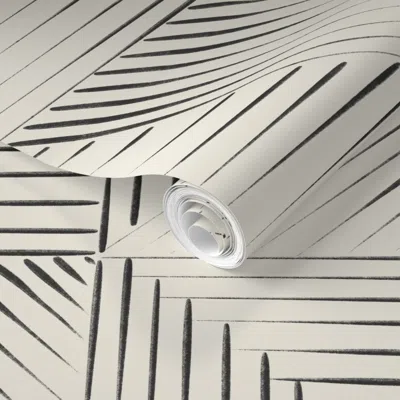 Spoonflower Pre-pasted Wallpaper Line Quilt - Creamy White / Raisin Black - Black And White Rustic Geometric 2' 