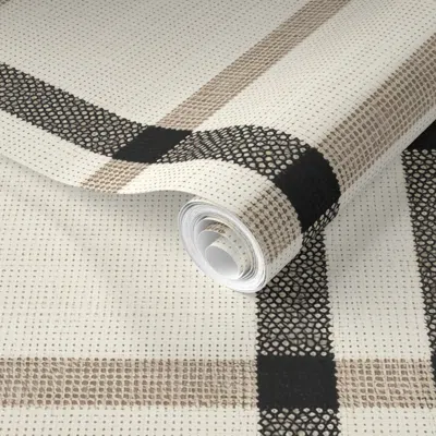 Spoonflower Pre-pasted Wallpaper Linen Plaid Cream Beige And Black Vintage Stripes Fabric Curtains Pillow 2' X 1