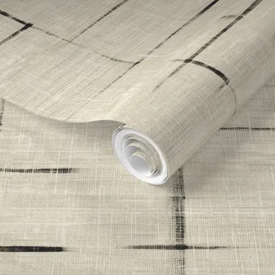Spoonflower Pre-pasted Wallpaper Linen Plaid Cream Beige And Black Vintage Stripes Fabric Curtains Pillow 2' X 1