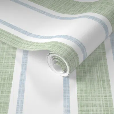 Spoonflower Pre-pasted Wallpaper Linen Texture Stripe Light Sage Green And Soft Blue Grandmillenial Dora M  Remo