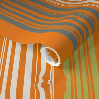 Spoonflower Pre-pasted Wallpaper Lines Like Wood In 70 Retro Orange Blue Green  Removable