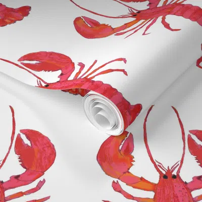 Spoonflower Pre-pasted Wallpaper Little Hot Pink Watercolor Lobsters - White Background 2' X 12' Removable