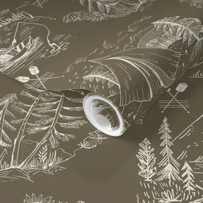 Spoonflower Pre-pasted Wallpaper L-lake Life In Toile De Jouy Lakeside Fun Benjamin Moore Sterling Forest 2' X 1