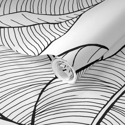 Spoonflower Pre-pasted Wallpaper Lost In The Jungle Leaves-black On White 2' X 12' Removable