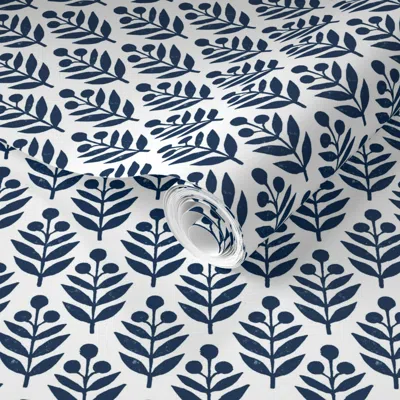 Spoonflower Pre-pasted Wallpaper Lotti Dark Navy And White 2' X 12' Removable