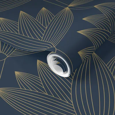 Spoonflower Pre-pasted Wallpaper Lotus Art Deco -deep Blue Teal- Glamorous Accent Wall Timeless Interior 2' X 12