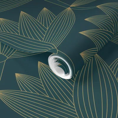 Spoonflower Pre-pasted Wallpaper Lotus Art Deco Deep Teal - Dramatic Glamourous Accent Wall Luxury Interior 2' X