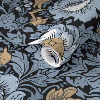 Spoonflower Pre-pasted Wallpaper Love Birds - Gold/blue On Black -william Morris- 2' X 12' Removable In Multi