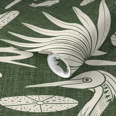 Spoonflower Pre-pasted Wallpaper Lowcountry Egret Green 2' X 12' Removable