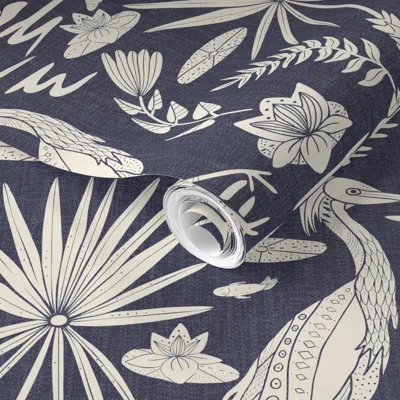 Spoonflower Pre-pasted Wallpaper Lowcountry Egret Mid-sized Navy 2' X 12' Removable