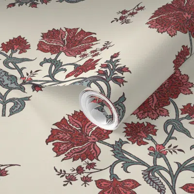 Spoonflower Pre-pasted Wallpaper Lucinda Indian Ruby Sage On Cream 2' X 12' Removable