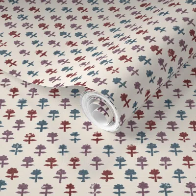 Spoonflower Pre-pasted Wallpaper Lucy Indian Red Blue And Purple On Cream 2' X 12' Removable