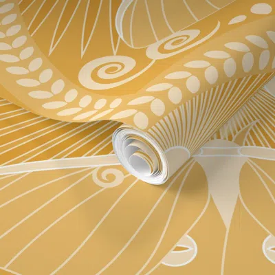 Spoonflower Pre-pasted Wallpaper Luna Moth Ascent-art Deco-mystical Magical-golden-marigold Orange-large 2' X 12 In Multi