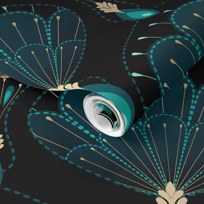 Spoonflower Pre-pasted Wallpaper Lush Art Deco Peacock On Black - Xl 2' X 12' Removable