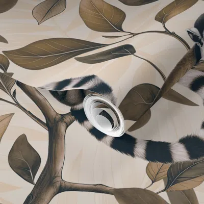 Spoonflower Pre-pasted Wallpaper Lush Tropical Lemur Monkey Paradise Beige 2' X 12' Removable