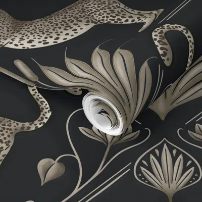 Spoonflower Pre-pasted Wallpaper Luxury Art Deco Jungle With Warm Grey Leopard - Dark Midnight Grey 2' X 12' Rem