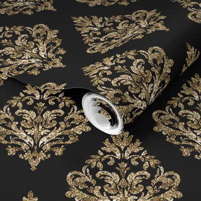 Spoonflower Pre-pasted Wallpaper Luxury Damask Gold And Black Glitter Seamless Pattern 2' X 12' Removable