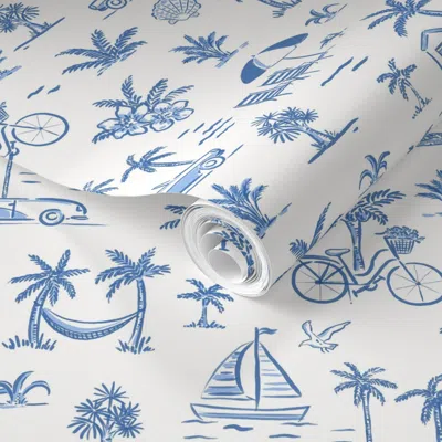 Spoonflower Pre-pasted Wallpaper (m) Beach Toile De Jouy - Palace Blue - Seaside Coastal Tropical Riviera 2' X 1