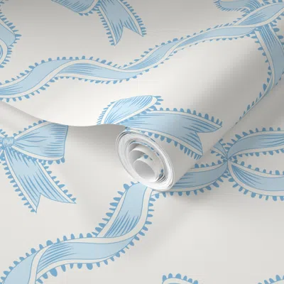 Spoonflower Pre-pasted Wallpaper (m) Blue Bows With Ribbon Diamond Trellis On White Opulence Background 2' X 12'