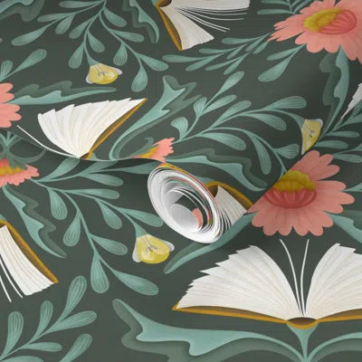 Spoonflower Pre-pasted Wallpaper (m) Books Disguised As Flowers Maximalist Folk Art Book Library Pink Teal 2' X 