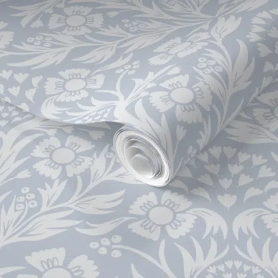 Spoonflower Pre-pasted Wallpaper M Botanical Block Print Damask In Pale Baby Blue - Heritage Preppy Floral  Remo