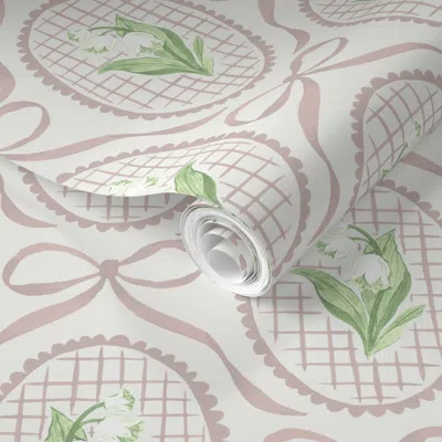 Spoonflower Pre-pasted Wallpaper (m) Cottagecore Lily Of The Valley Cameo Frames & Bows In Batik Mauve 2' X 12' 