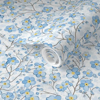 Spoonflower Pre-pasted Wallpaper M - Delicate Loosely Painted Light Blue Forget Me Not Flowers On Off White 2' X