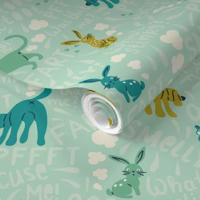 Spoonflower Pre-pasted Wallpaper M - Farting Pets For A Conversational Bathroom Decor - Mint Pink Turquoise 2' X