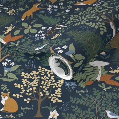 Spoonflower Pre-pasted Wallpaper (m) Forest Biome Home To Fox Bear Deer Birds Flora And Fauna In Deep Blue 2' X 
