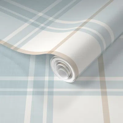 Spoonflower Pre-pasted Wallpaper M Light Blue & Beige Plaid For Coastal Cottage Or Neutral Boys Nursery 2' X 12'