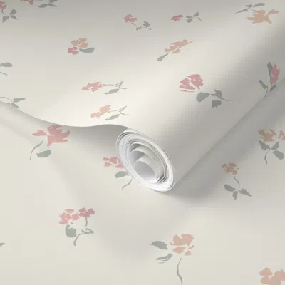 Spoonflower Pre-pasted Wallpaper (m) Little Roses - Small Simple Floral In Pink And Green On Cream  Removable
