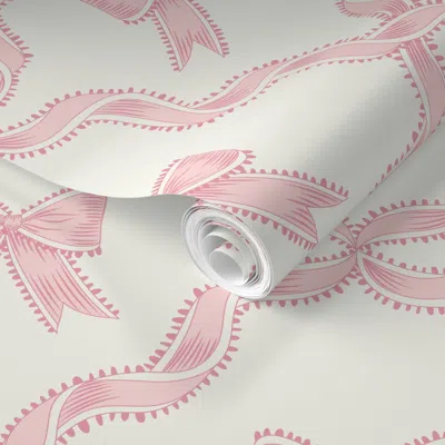 Spoonflower Pre-pasted Wallpaper (m) Pink Bows With Ribbon Diamond Trellis On Alabaster White Background 2' X 12