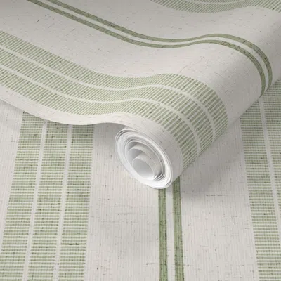 Spoonflower Pre-pasted Wallpaper M Soft Green Tonal Farmhouse Stripes For Serene Cottage Laundry Or Nursery  Rem