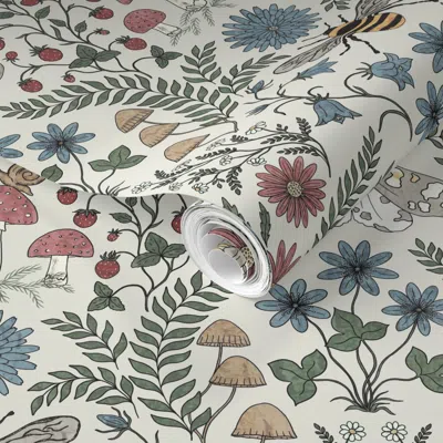 Spoonflower Pre-pasted Wallpaper (m) Solid Background- Life Under The Tree Mushroom Bee Moth Strawberry Fern 2' 