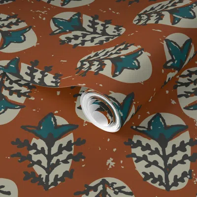 Spoonflower Pre-pasted Wallpaper Macha Flower Stamp Rust 2' X 12' Removable