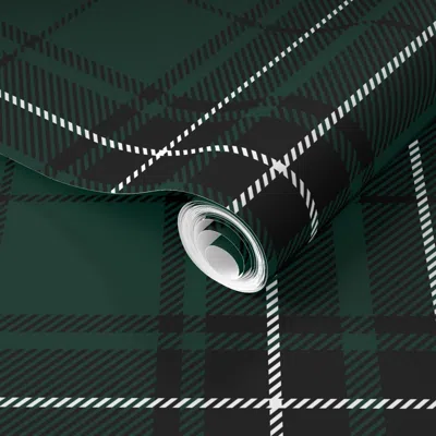 Spoonflower Pre-pasted Wallpaper Maclean Tartan. Dark Green Tartan Plaid. Checkered Pattern. Large Scale. 2' X 1