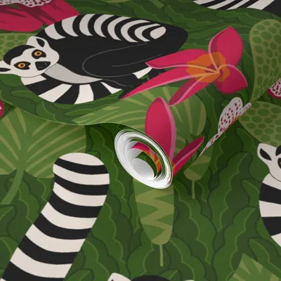 Spoonflower Pre-pasted Wallpaper Madagascar Ringtail Lemur 2' X 12' Removable