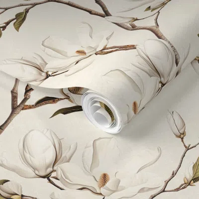 Spoonflower Pre-pasted Wallpaper Magnolia Grove In Cream 2' X 12' Removable