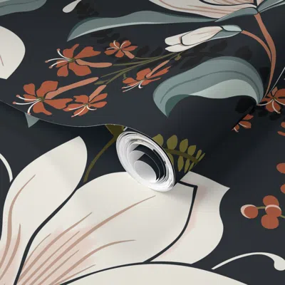Spoonflower Pre-pasted Wallpaper Magnolia Oasis Floral Midnight Jumbo Scale 2' X 12' Removable In Multi