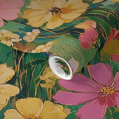 Spoonflower Pre-pasted Wallpaper Maine Summer Meadow Wildflowers Boho Maximalism Florals- Pink Magenta Green 2' 
