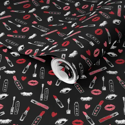 Spoonflower Pre-pasted Wallpaper Makeup Lipstick Eyelashes Beauty Fabric Valentines Day Black 2' X 12' Removable In Multi