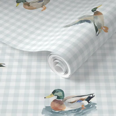 Spoonflower Pre-pasted Wallpaper Mallard Ducks On Blue Gingham 2' X 12' Removable