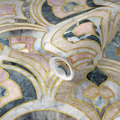 Spoonflower Pre-pasted Wallpaper Marble Art Deco Tiles In Soft Pastels Large Scale Version 2' X 12' Removable In Multi