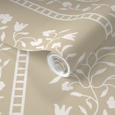 Spoonflower Pre-pasted Wallpaper Margaret Floral Traditional Wavy Stripe On Tan  Removable