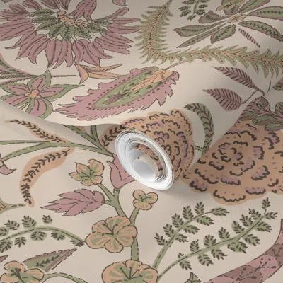 Spoonflower Pre-pasted Wallpaper Mari Palampore - Pink And Green - 24 Inch 2' X 12' Removable